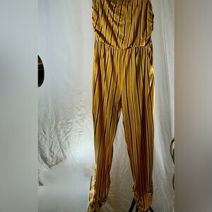 Love J Striped Yellow And Blue Jumpsuit gathered hem strapless Size XL Bodycon